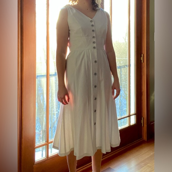 Vintage Y2K Blue Pinstripe Fitted Bodice Button-Up Sleeveless Summer Dress - Picture 8 of 15